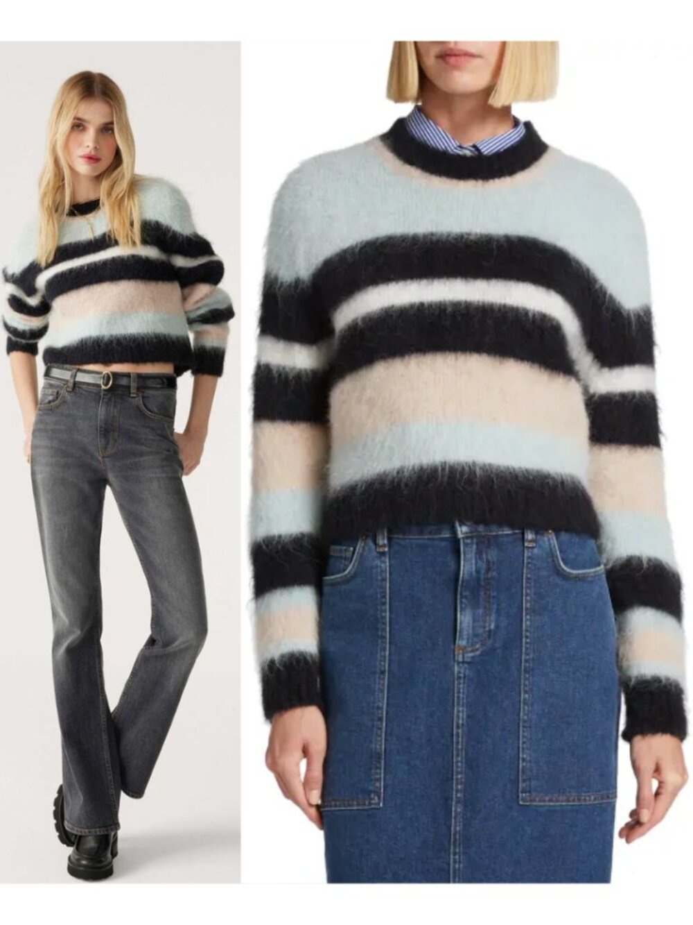 ba&sh Colorblock Stripe 68% Alpaca Fuzzy Cropped Maria Sweater